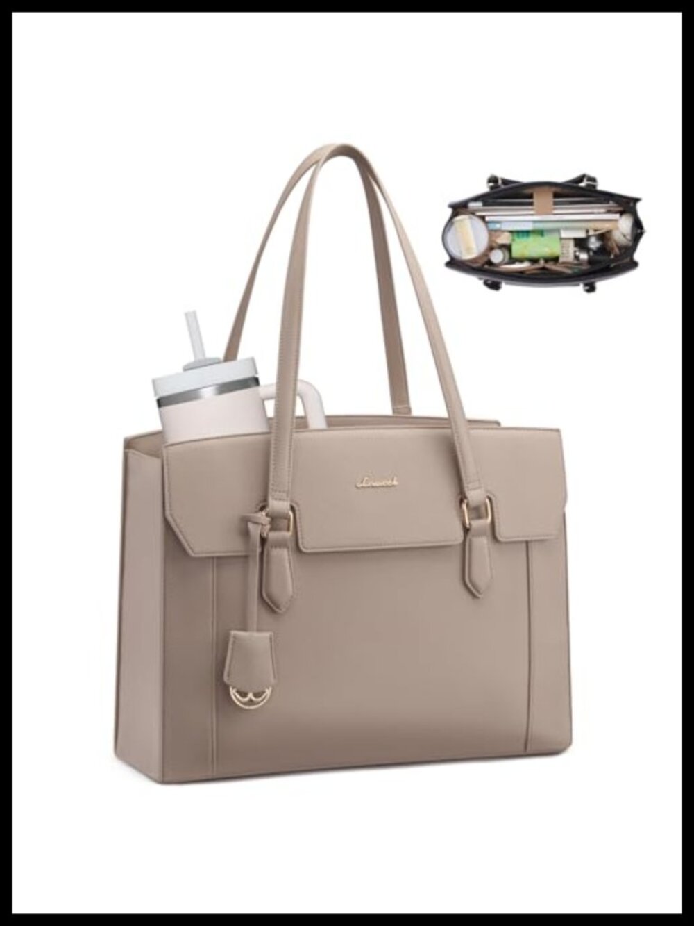 PU Leather Laptop Tote Bag for Women Work Briefcase with Cup Holder 15.6 Inch